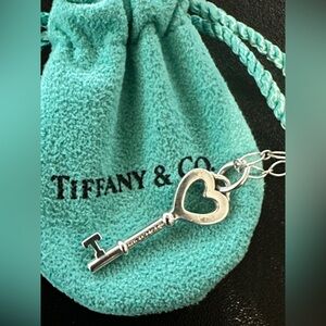 Tiffany & Co. Silver Heart Key Charm Pendant 18” Oval Chain Necklace
